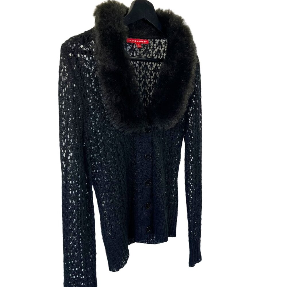 Vintage 90s Black Crochet Faux Fur Trim Ramie Mohair Blend Button Up Cardigan La - Picture 2 of 8